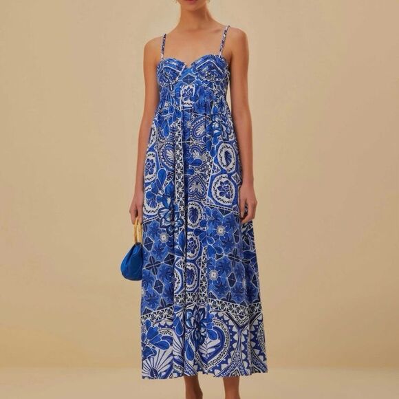 FARM Rio Dresses & Skirts - SOLD FARM Rio Blue Tile Dream Sleeveless Maxi Dress Corset Straps Pockets Size L